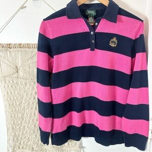 Ralph Lauren Pink and Navy Striped Women's Sweater Embroidered Polo LAUREN